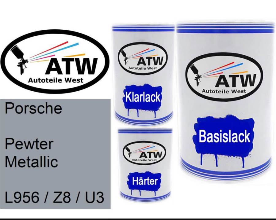Porsche, Pewter Metallic, L956 / Z8 / U3: 500ml Lackdose + 500ml Klarlack + 250ml Härter - Set, von ATW Autoteile West.